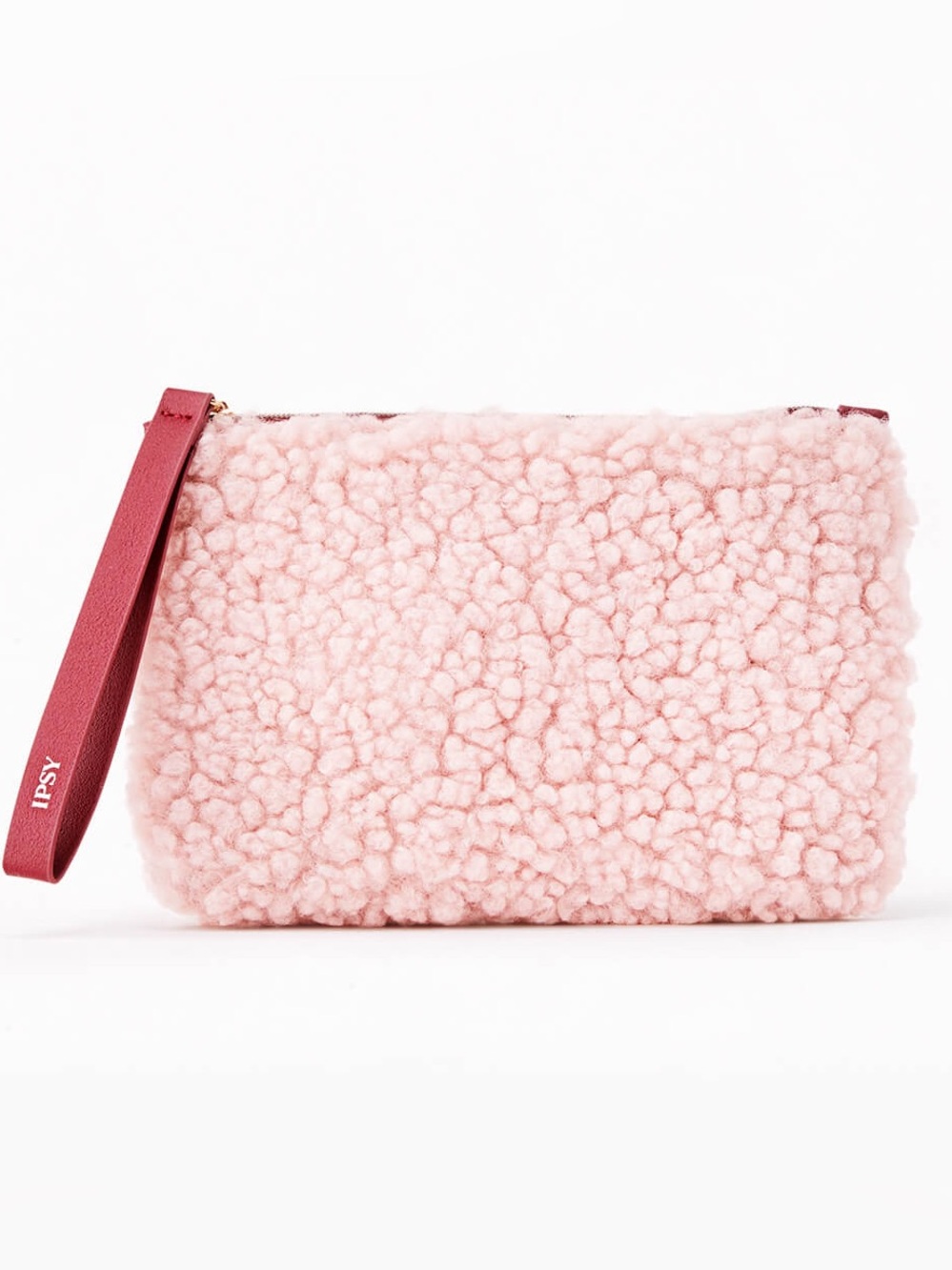 💥 ipsy Light Pink Sherpa Makeup Bag with Burgundy Strap